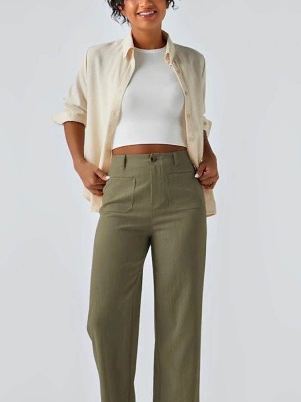 Halara High Waisted Straight Leg Casual Linen-Feel Pants with Pockets Pants